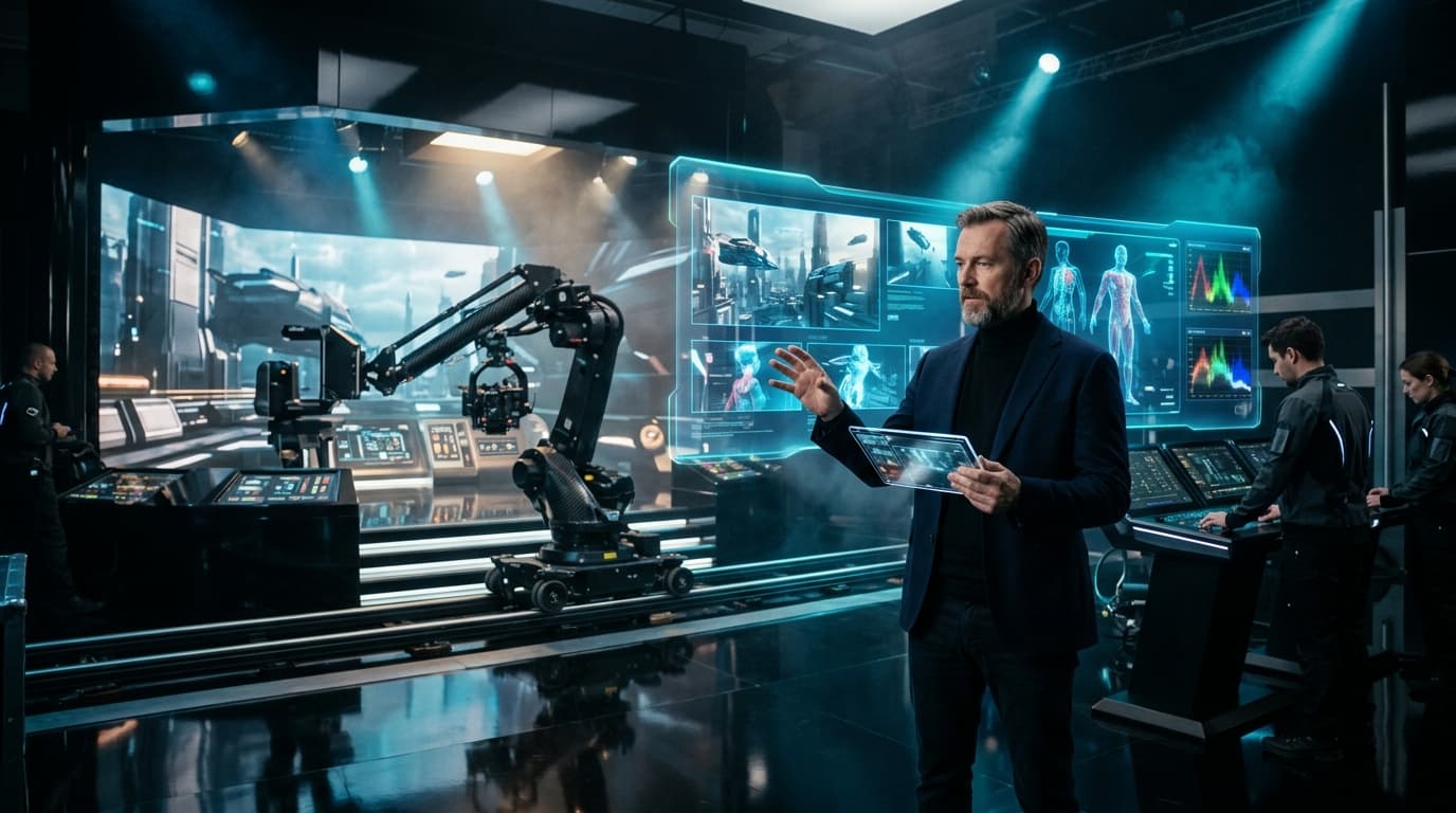 AI Cinematic Production Agency creating Hollywood-quality AI commercial production in a luxury futuristic film studio