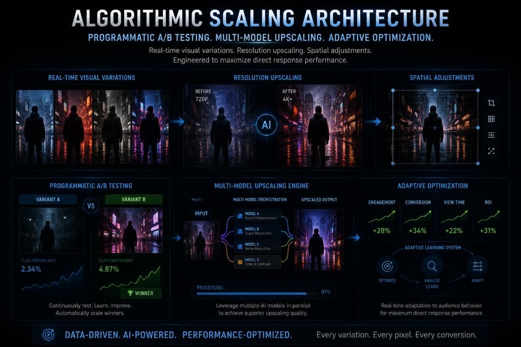 Neural Noir - Algorithmic Scaling Architecture: Programmatic A/B Testing, Multi-Model Upscaling, and Adaptive Vertical Layout Feed Adjustments - AI cinematic artwork