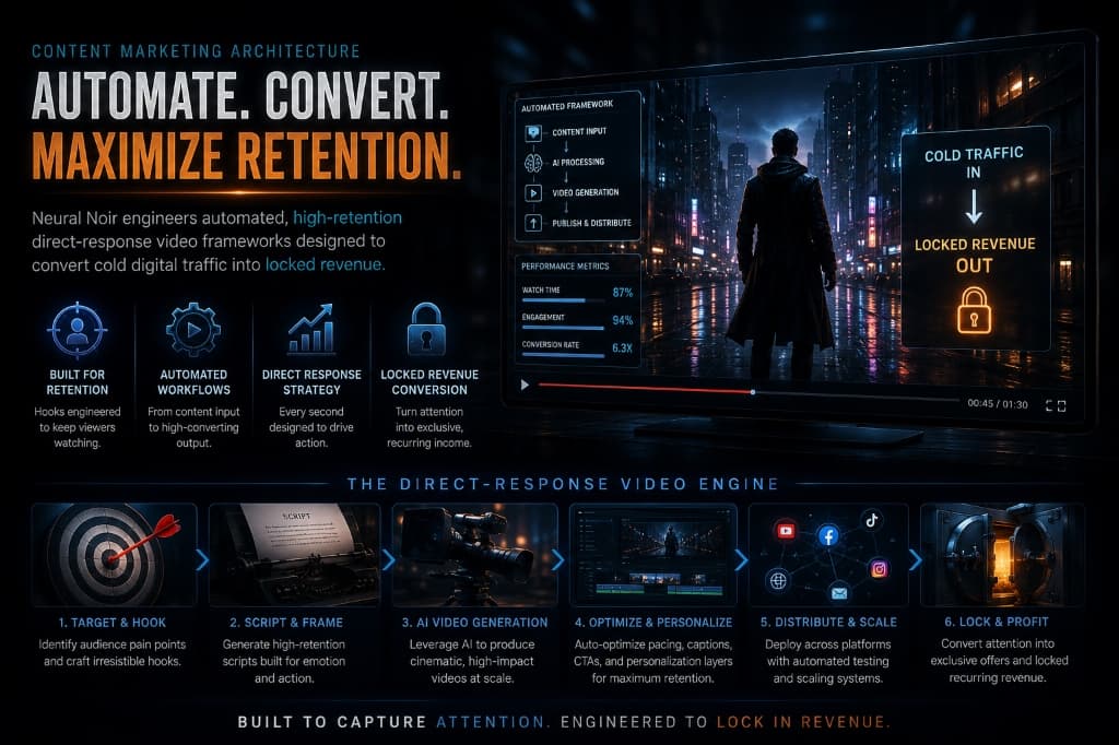 Neural Noir - Content Marketing Architecture: Direct-Response Video Frameworks for High-Retention Conversion Pipelines - AI cinematic artwork