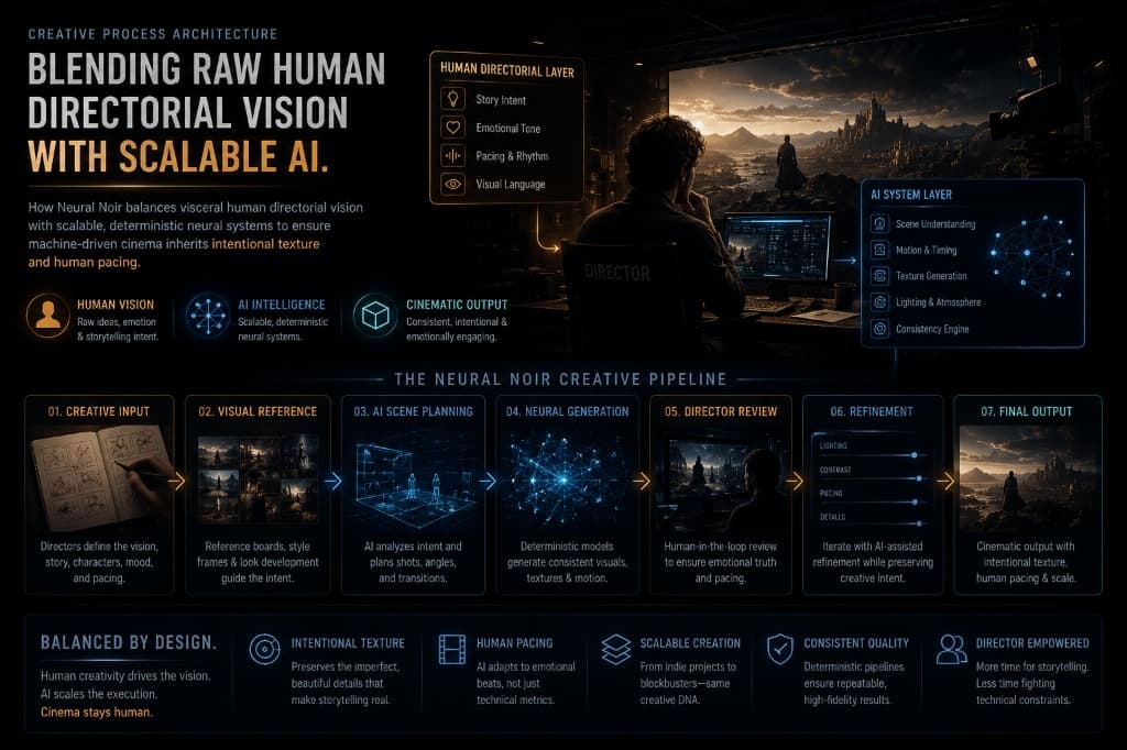 Neural Noir - Creative Process Architecture: Blending Raw Human Directorial Vision with Scalable AI Generation Pipelines - AI cinematic artwork