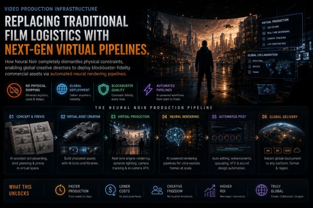 Neural Noir - Video Production Infrastructure: Replacing Traditional Film Logistics with Next-Gen Virtual Studio Setups - AI cinematic artwork