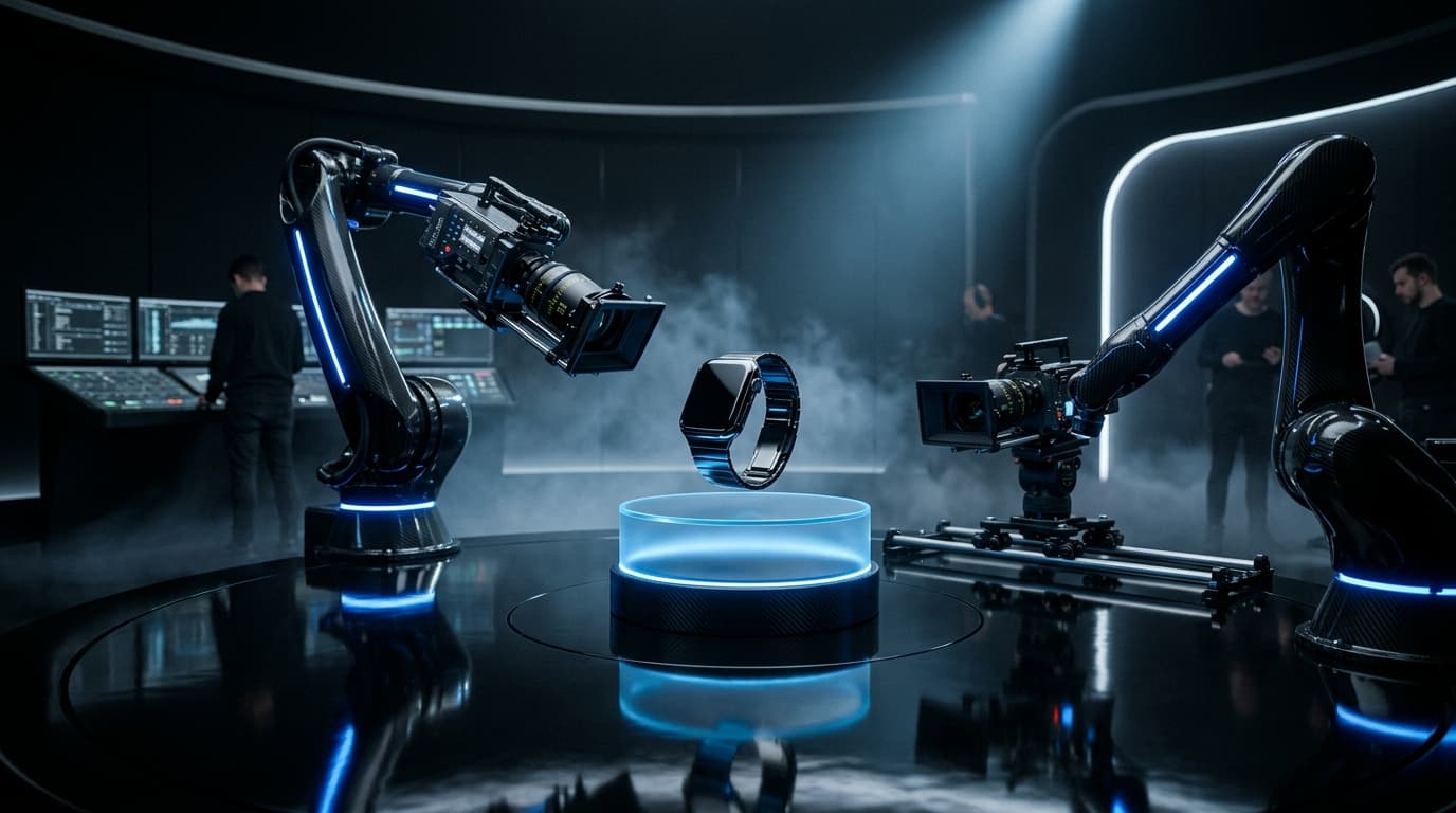 High-end product film set showcasing luxury brand visual consistency and dramatic reflections