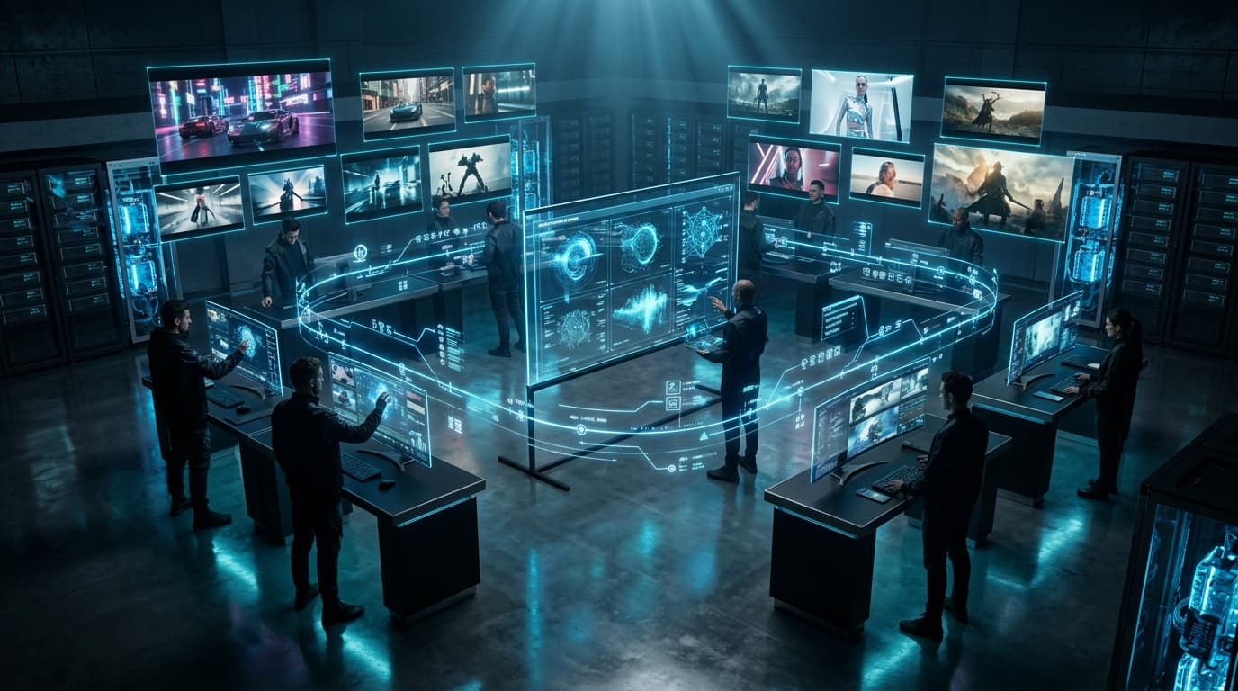 Luxury AI creative control room generating multiple campaigns simultaneously with holographic timelines and cyan neural displays