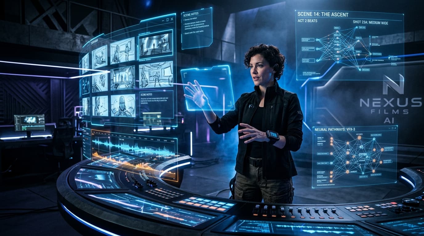 Creative director inside a futuristic studio guiding massive holographic storyboards and neural video rendering feeds
