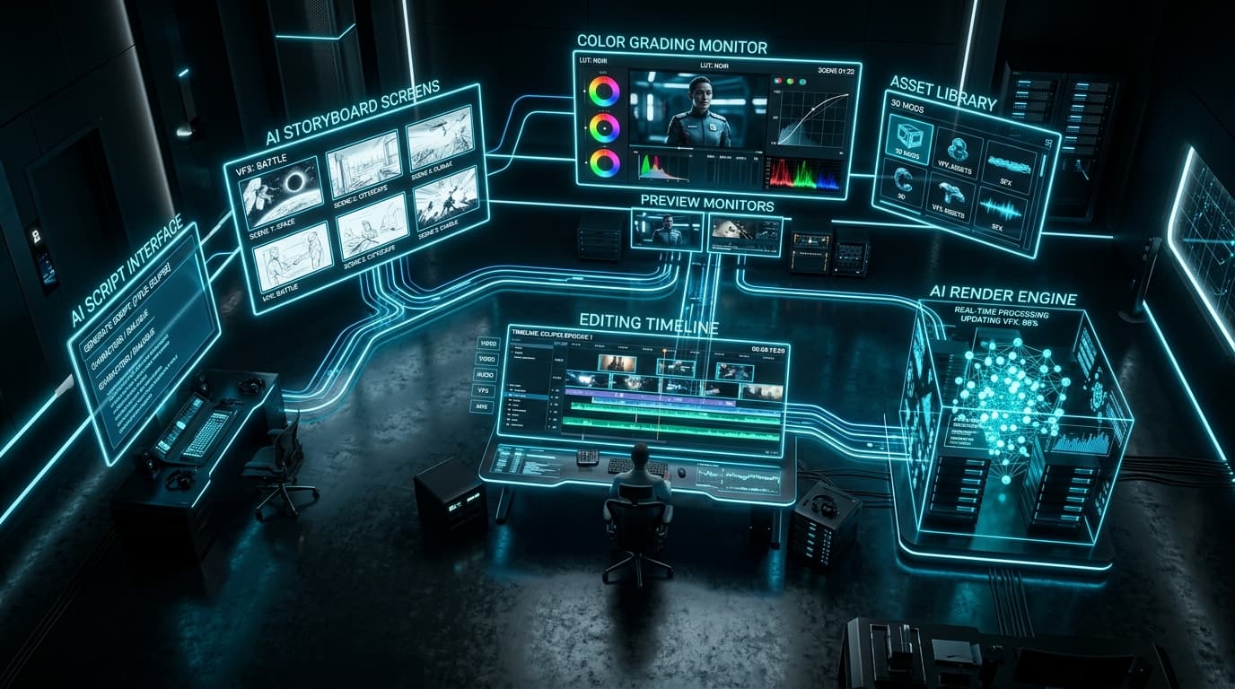 Overhead cinematic view of holographic production pipeline detailing script, storyboard, and edit tracks