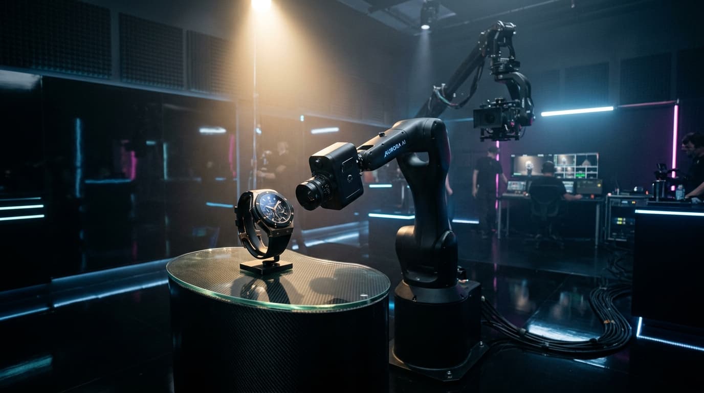 Futuristic cinematic AI studio with robotic camera rig filming a luxury product in dramatic key and blue rim lighting