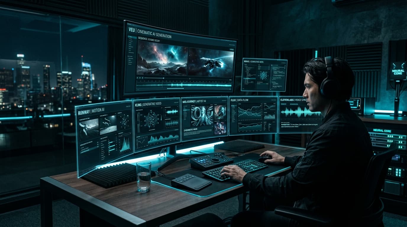 Futuristic workstation display showcasing creative interfaces for Runway, Kling, Flux, and Google Veo